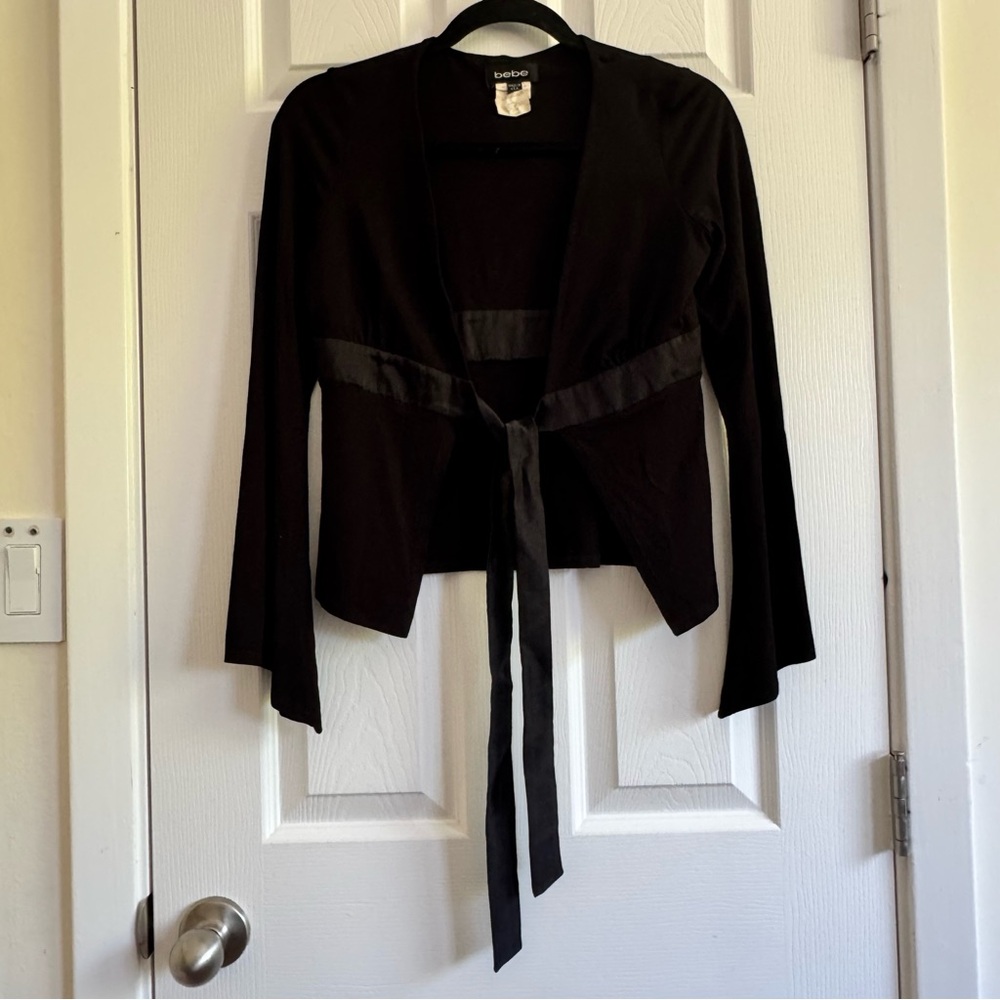 Black Long Sleeve Tie-Front Cardigan Bebe Y2K